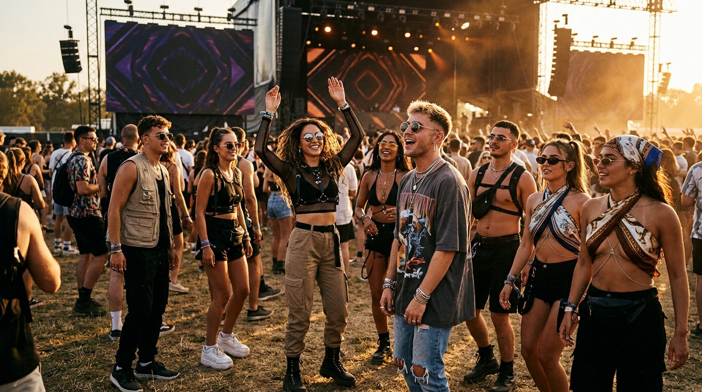 Festival-Crowd im Sommer-Outfit auf einem Open Air