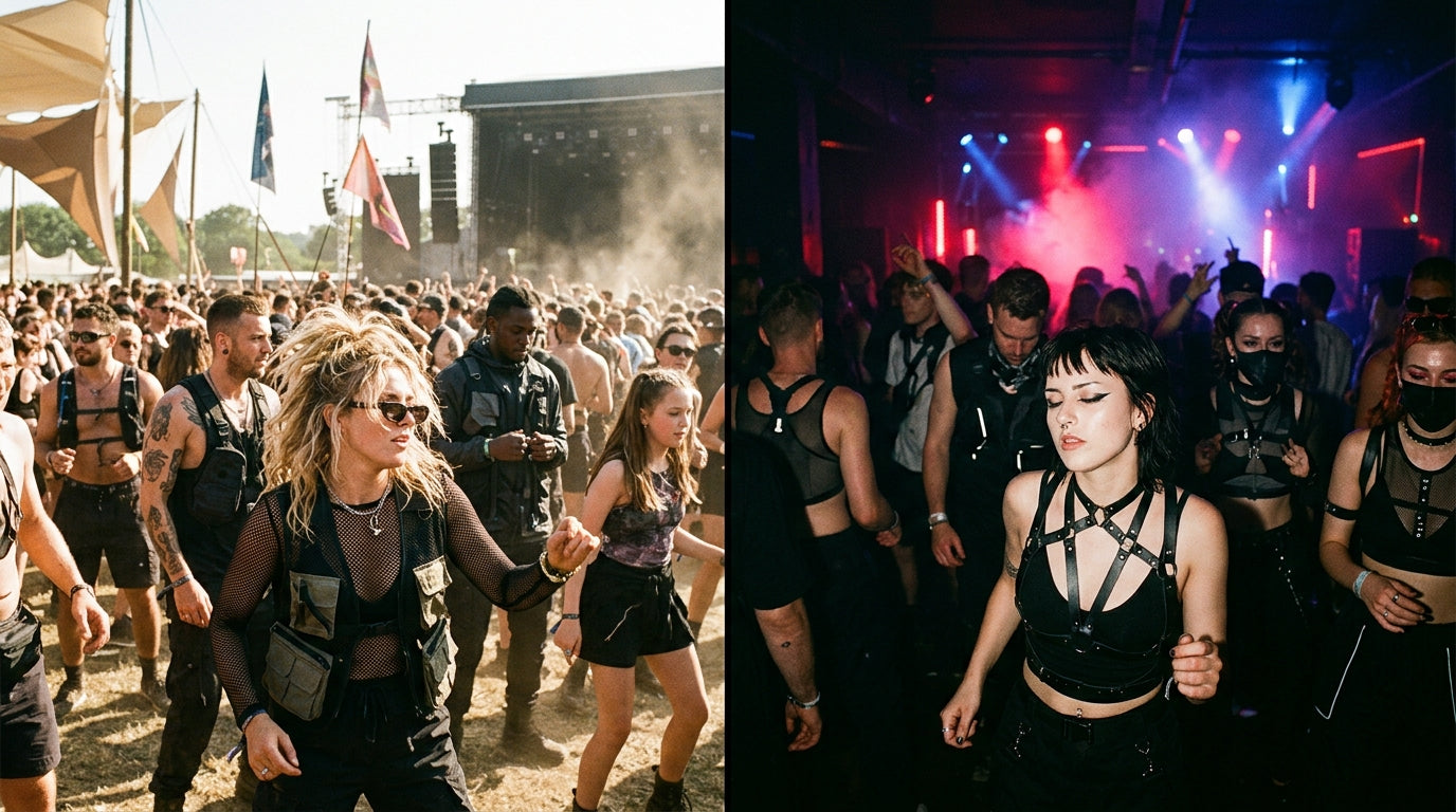 Open-Air-Festival bei Tag im Kontrast zum dunklen Club