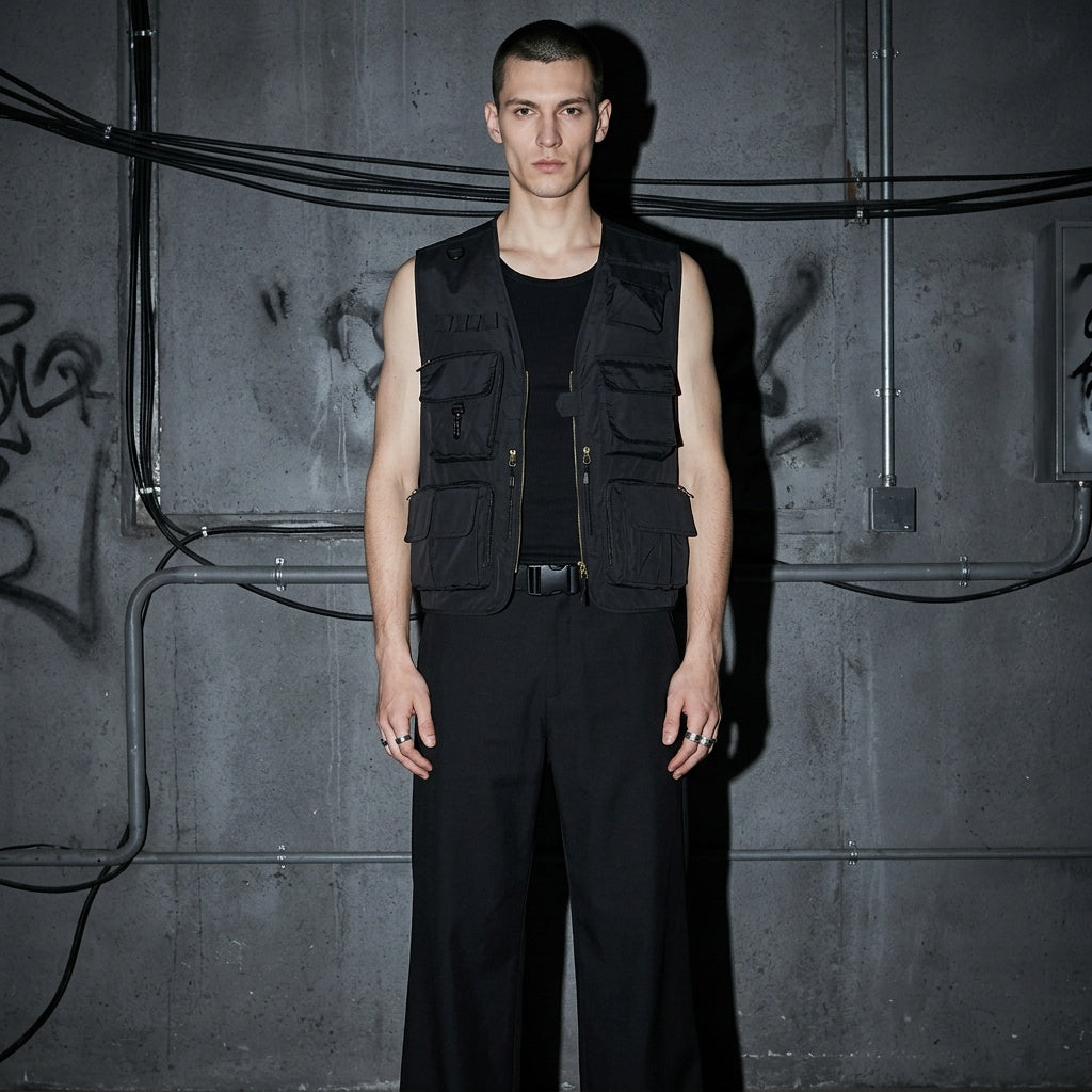 Model frontal in schwarzer Tactical Utility Weste, Techno Outfit