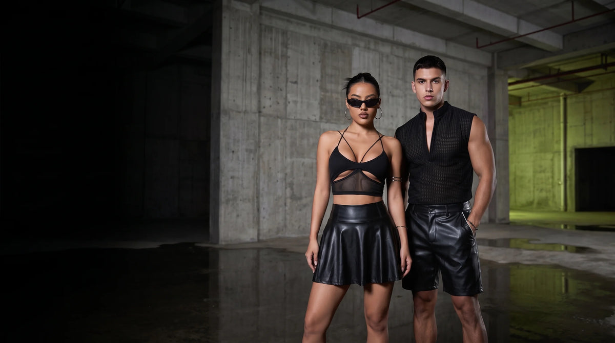 Rave outfits voor dames en heren in een betonnen hal