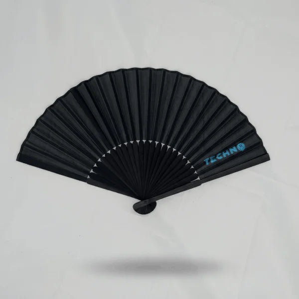Mini-Nachtschwärmer Rave Fächer in Schwarz mit Techno-Logo, ideal für Clubnächte