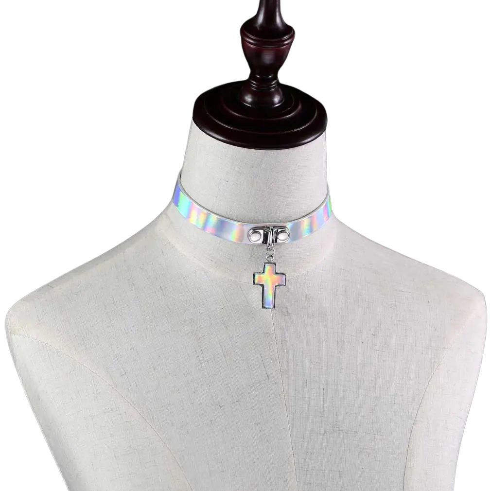 Techno Holo Cross Choker – Glänzender Look für Festival und Rave