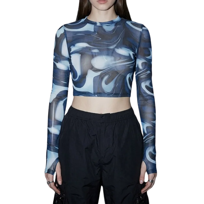 Midnight Waves Mesh Crop Longsleeve, blau-weiß, frontal, Techno Rave Look