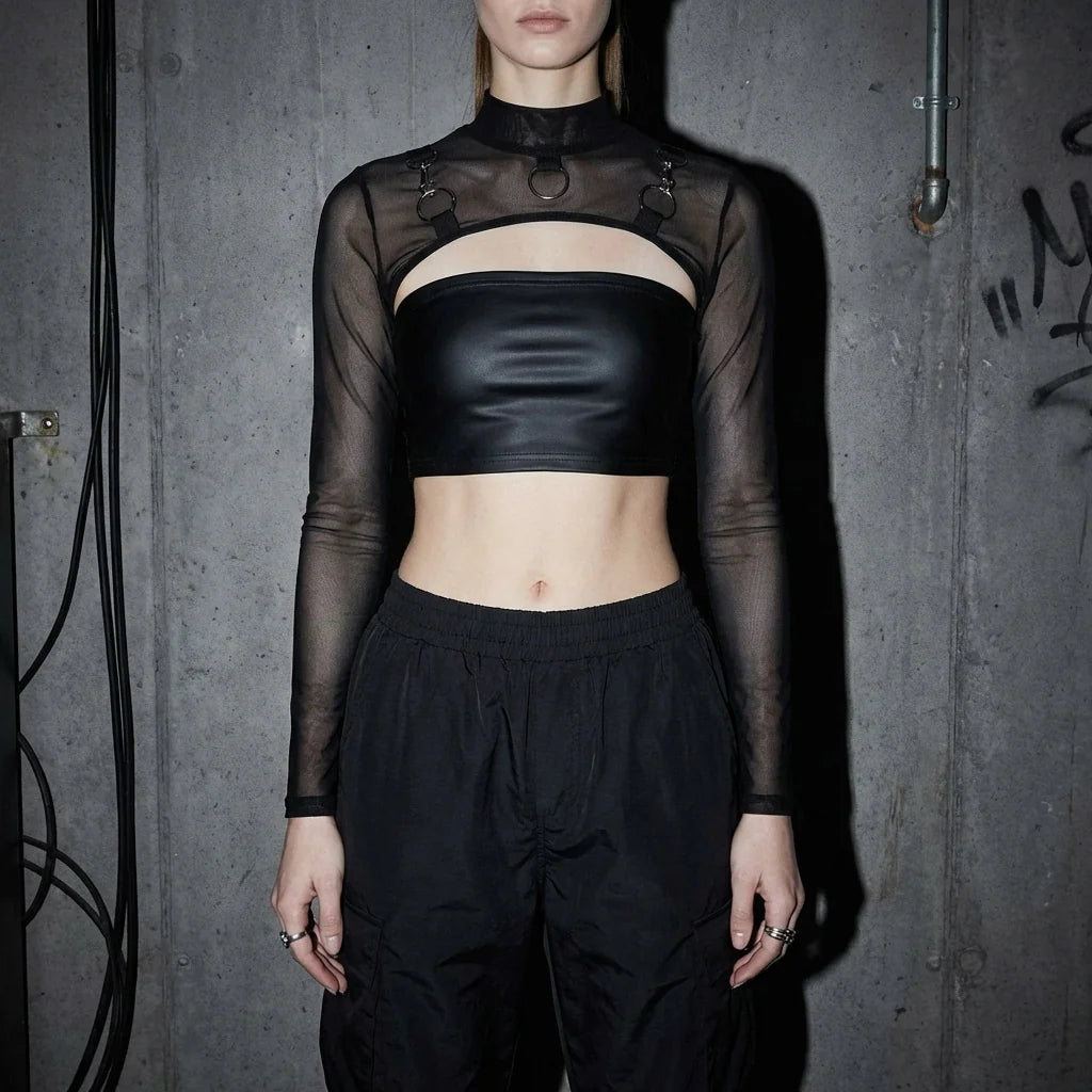 Frontansicht, schwarzer Hauch von Eleganz, Rave-Top, Club-Mode