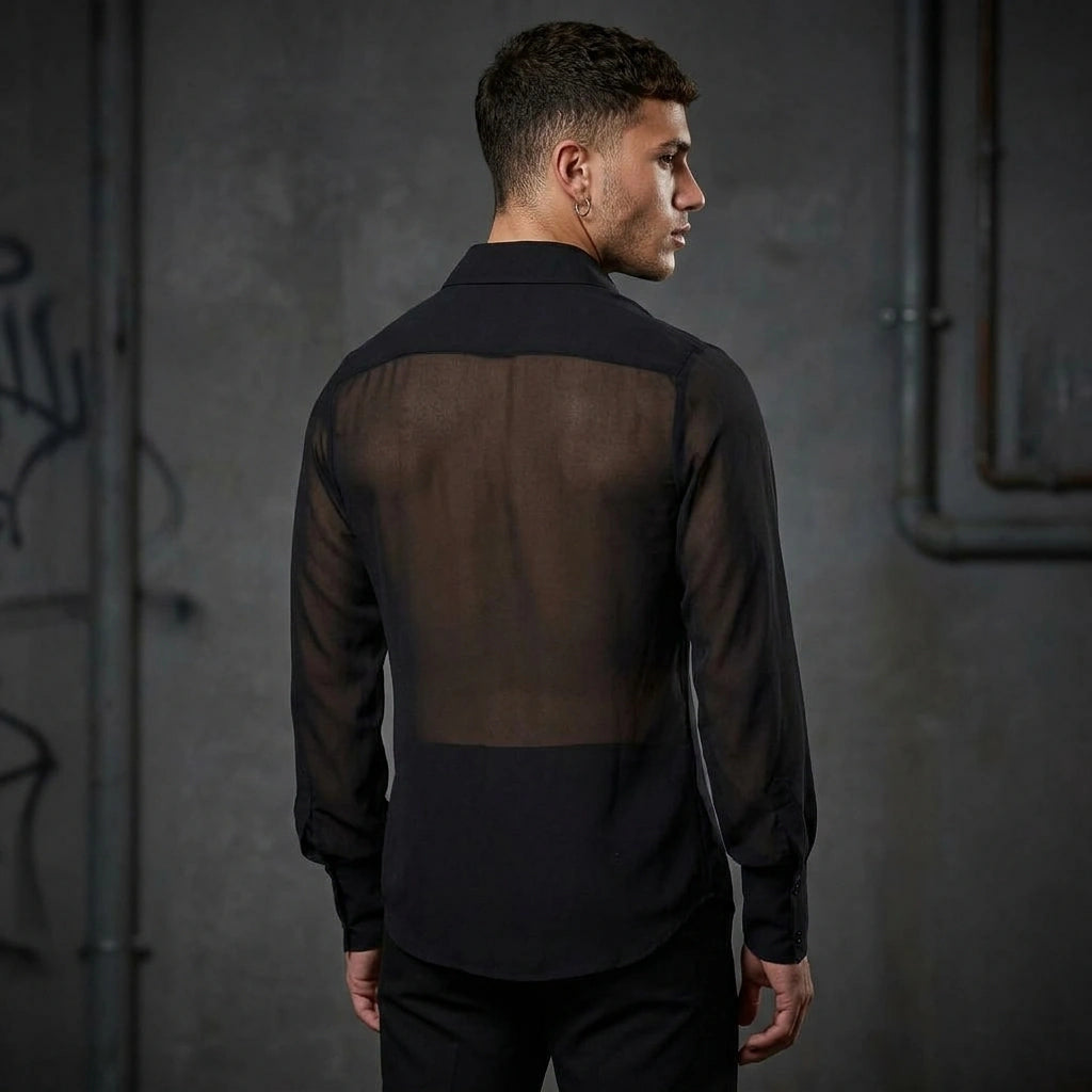 Luftige Eleganz - Durchsichtiges Rave Herrenhemd - Ganzkörper-Aufnahme | Techno Essentials