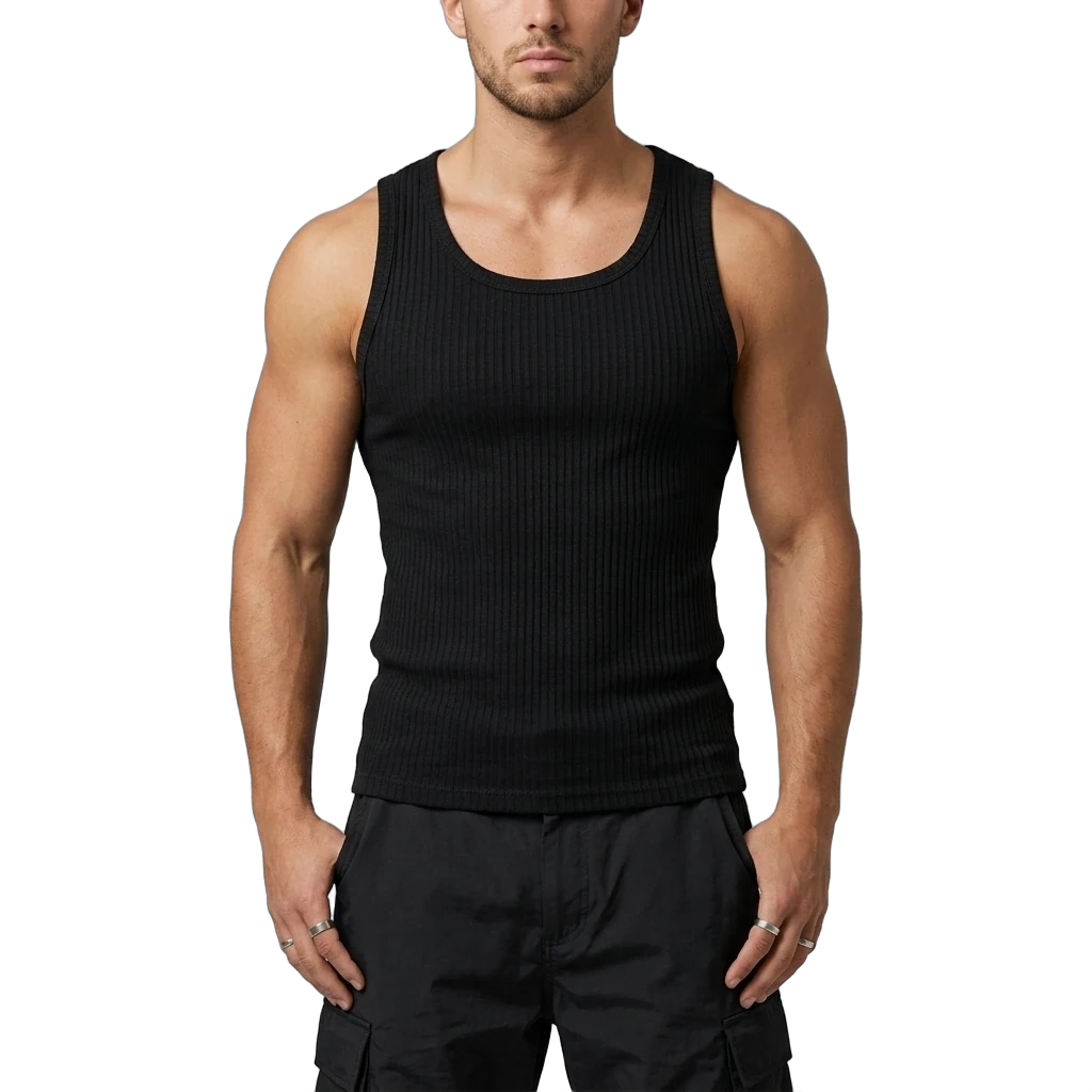 Schwarzes Tanktop für Herren - Produkt-Nahaufnahme | Techno Essentials