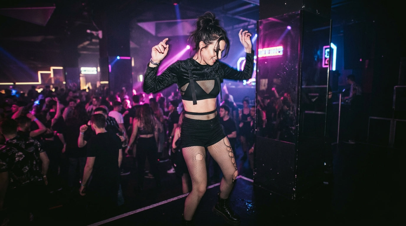 Netzstrumpfhose zu schwarzem Rave-Outfit im Club kombiniert