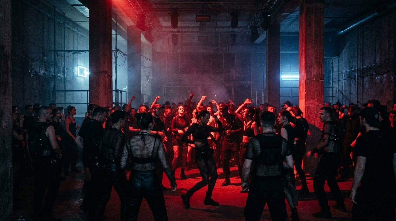 Dunkler Berliner Techno-Club von innen mit tanzender Menge