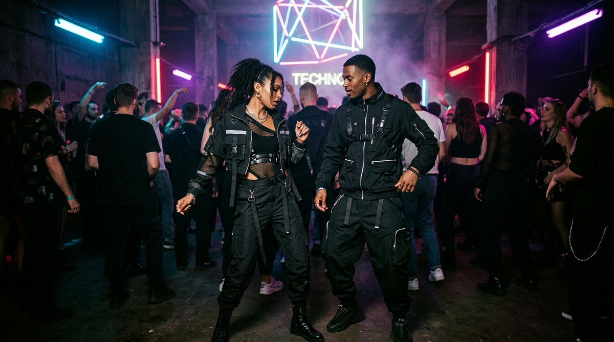 Pärchen in abgestimmten schwarzen Techno-Outfits im Club