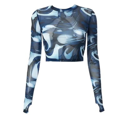 Vooraanzicht Midnight Waves Mesh Crop Longsleeve, blauw-wit, ravemode