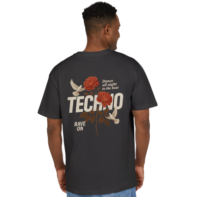 Antracietkleurig Techno Rose oversize shirt bij model, achteraanzicht