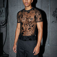 Zwart Shadow Bloom mesh shirt, vooraanzicht aan model