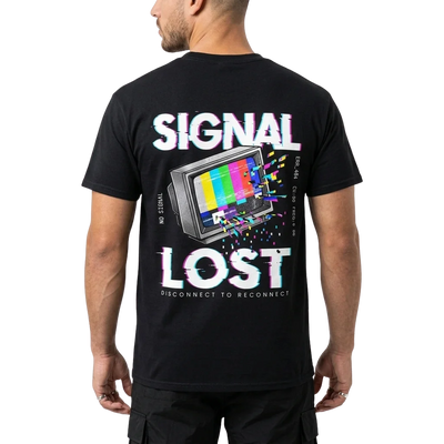 Zwart Signal Lost Heavy Cotton T-shirt met retro-tv-rugprint bij model