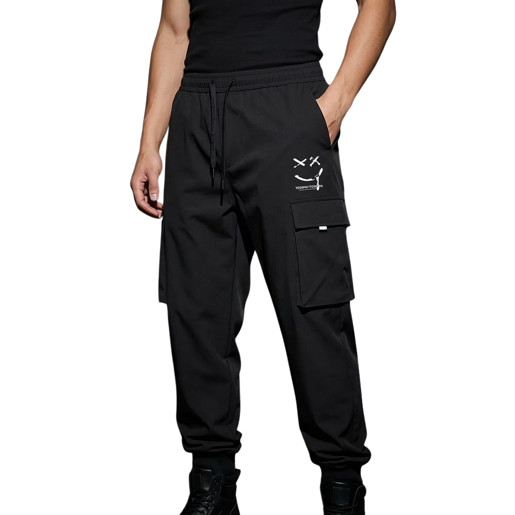 Schwarze Smiley Utility Cargo Hose, frontal, Techno Look, Festival-ready