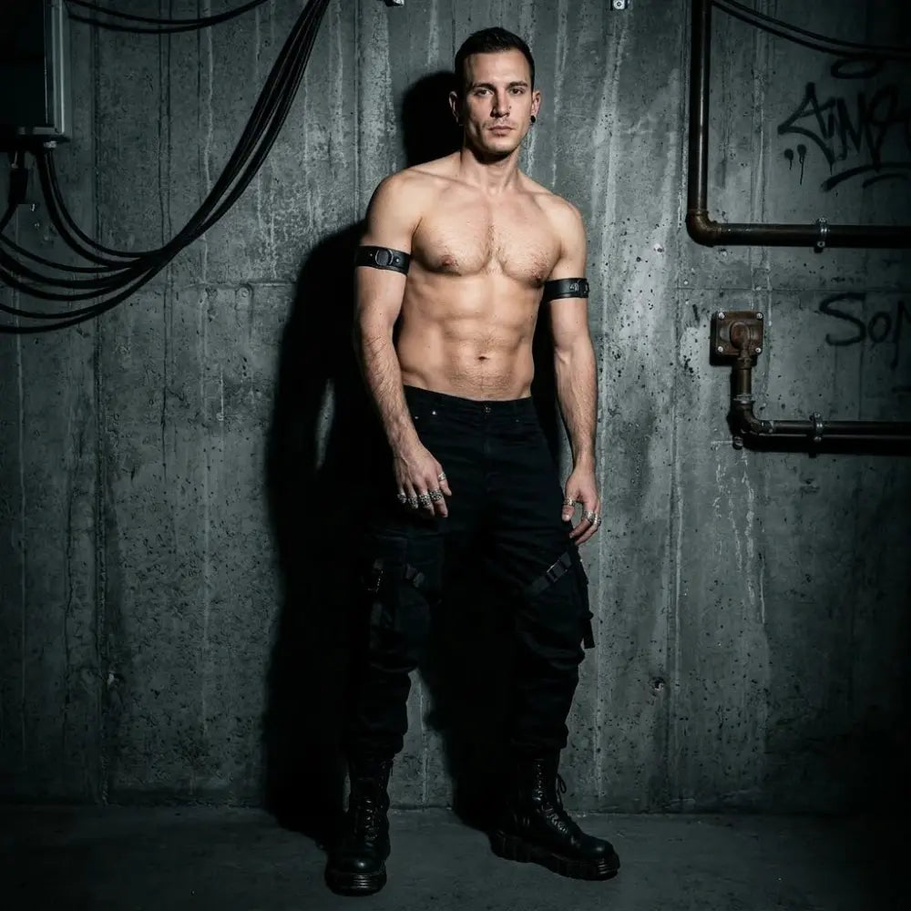 Techno Arm Straps – Schwarze Rave Oberarmbänder aus Kunstleder