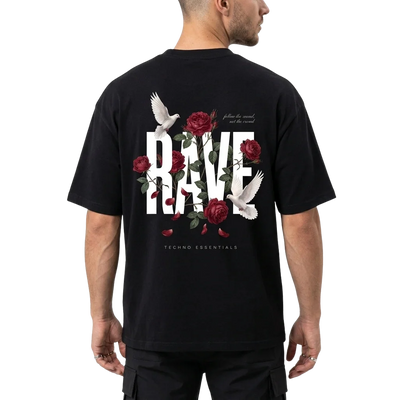 Zwart Rave Garden oversized T-shirt met rozen-rugprint bij model