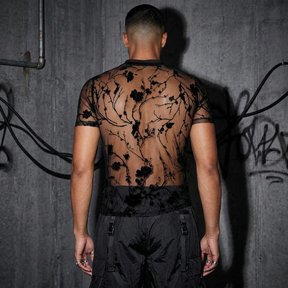 Rückansicht des Shadow Bloom Meshshirts, schwarzes florales Muster, perfekt für Techno-Events.