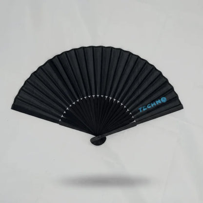 Mini-Nachtschwärmer Rave Fächer in Schwarz mit Techno-Logo, ideal für Clubnächte