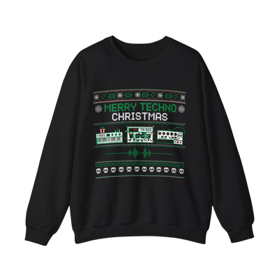 Zwarte Merry Techno Christmas sweater met groen-witte drumcomputerprint, vooraanzicht