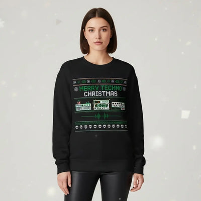 Zwarte Merry Techno Christmas sweater bij vrouwelijk model, vooraanzicht