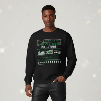 Zwarte Merry Techno Christmas sweater bij mannelijk model, vooraanzicht