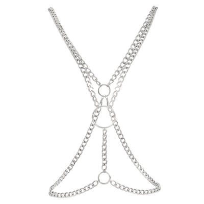 MetroPunk Brustkorb Body Chain freigestellt, silber, Techno Festival Accessoire