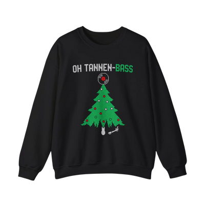 Zwarte Oh Tannen-Bass sweater met groene kerstboom en grammofoonplaat, vooraanzicht