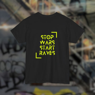 Zwart Stop Wars Start Raves T-shirt met neongele rugprint, achteraanzicht