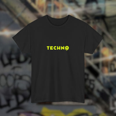Zwart Stop Wars Start Raves T-shirt met TECHNO-tekst en smiley, vooraanzicht