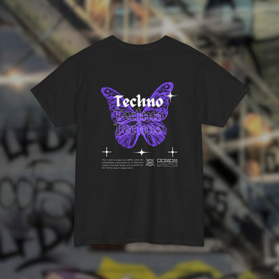 Zwart Techno Butterfly T-shirt met paarse vlinder-rugprint, achteraanzicht