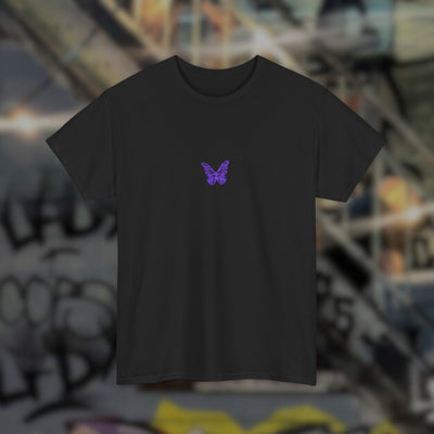 Zwart Techno Butterfly T-shirt met kleine paarse vlinder, vooraanzicht