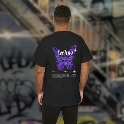 Zwart Techno Butterfly T-shirt bij model, achteraanzicht