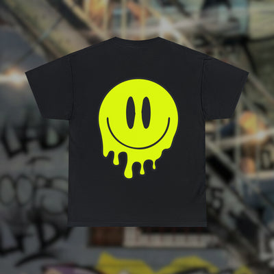 Zwart Techno Essentials T-shirt met grote smeltende smiley, achteraanzicht