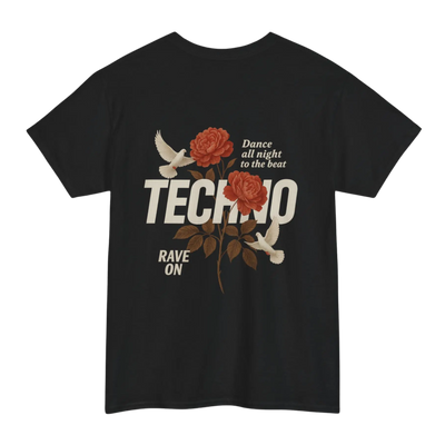 Zwart Techno Rose Classic rave-shirt met rozen- en duivenrugprint, achteraanzicht