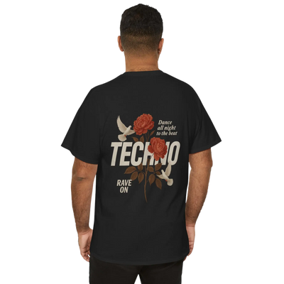 Zwart Techno Rose Classic rave-shirt bij model, achteraanzicht
