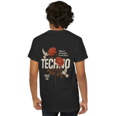 Zwart Techno Rose Classic rave-shirt bij vrouwelijk model, achteraanzicht