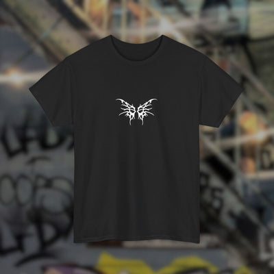 Zwart Tribal Techno Vibes T-shirt met witte cyber-sigilism-vlinder, vooraanzicht