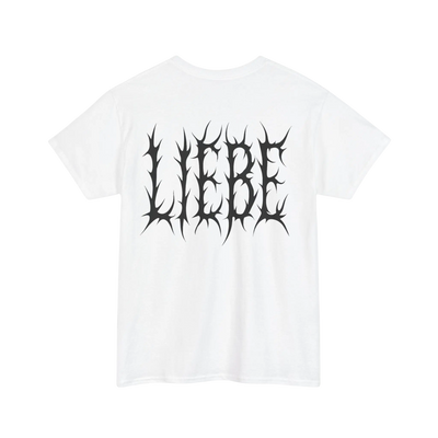 Wit Liebe brennt T-shirt met zwarte LIEBE-rugprint, achteraanzicht 