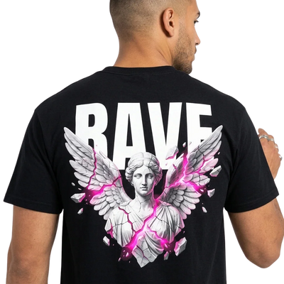 Zwart Rave Angel Heavy Cotton T-shirt, detail rugprint bij model