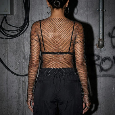 Rückansicht des Crystal Netz Longsleeves, schwarzer Look, Techno-Style