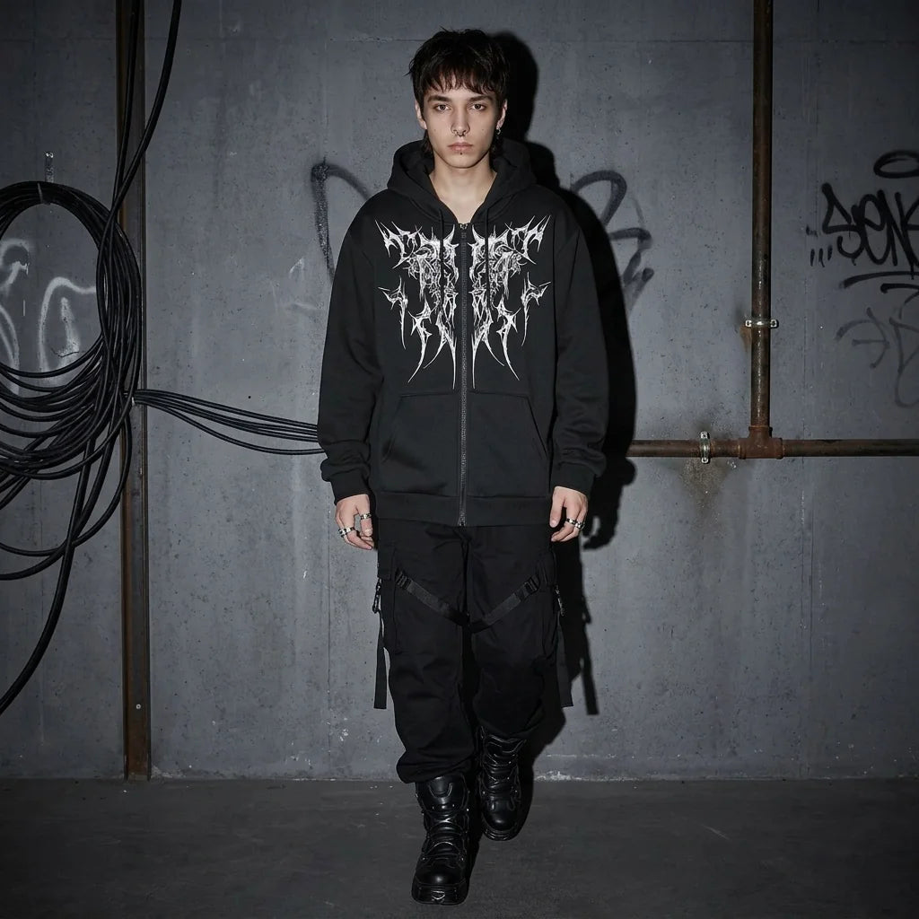 Dark Tribal Zip Hoodie, Ganzkörper, Rave-Outfit, Schwarz