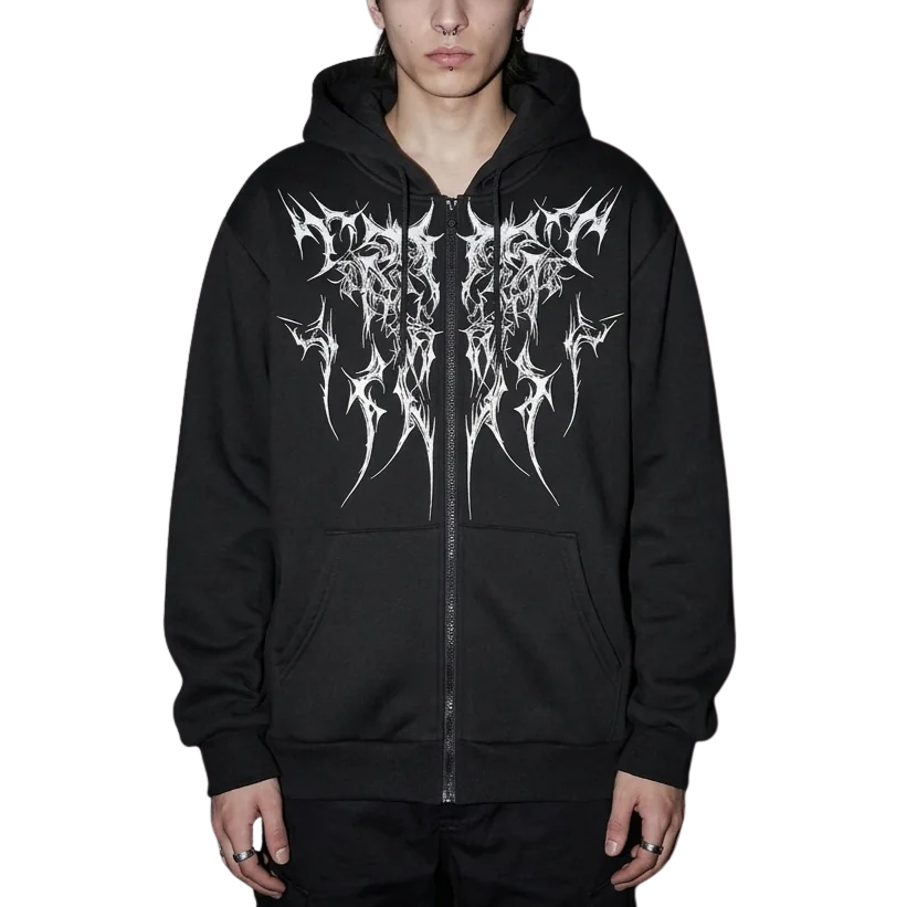 Dark Tribal Zip Hoodie vorne, schwarz, Techno-Style