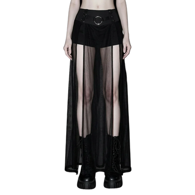 Zwarte Dusk Mesh Rok met short en lange transparante laag, vooraanzicht bij model