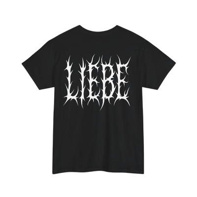 Zwart Liebe brennt T-shirt met witte LIEBE-rugprint, achteraanzicht 