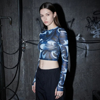 Midnight Waves Mesh Crop Longsleeve, blauw-wit, zijwaartse pose, technofashion