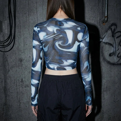 Midnight Waves Mesh Crop Longsleeve, blauw-wit, achteraanzicht, festivalmode