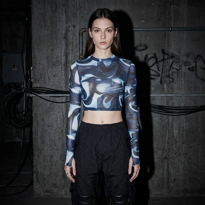 Midnight Waves Mesh Crop Longsleeve, blauw-wit, van voren, clubbing-outfit