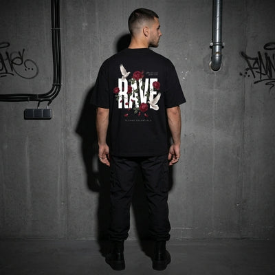 Zwart Rave Garden oversized T-shirt, achteraanzicht volledig bij model #farbe_schwarz