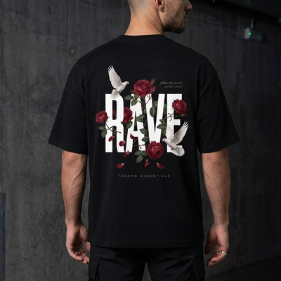 Zwart Rave Garden oversized T-shirt, achteraanzicht bij model #farbe_schwarz