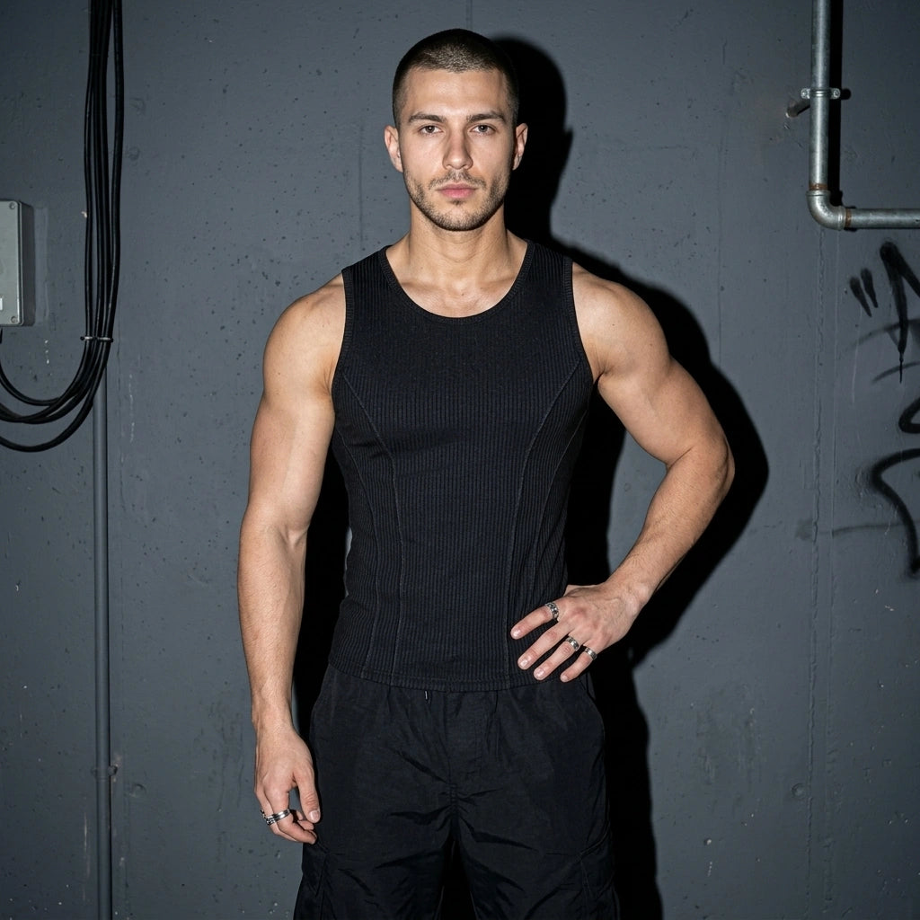 Sleek Groove Tanktop Schwarz - Frontansicht | Techno Essentials